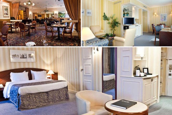 A collage of three photos of hotels to stay in Brussels: a sophisticated dining room with elegant wooden chairs and a patterned carpet, a sunlit suite with pastel yellow walls and a kitchenette, and a bedroom with a classic striped bedspread and light wood accents